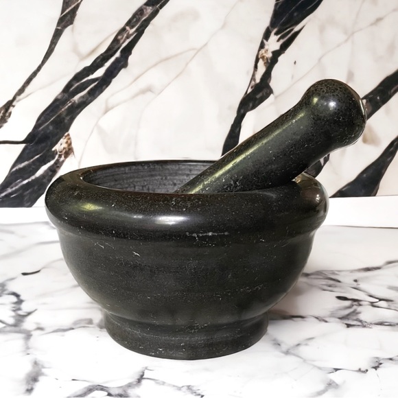 Gorgeous Large Indian Solid Black Marble Mortar & Pestle, 6” - Picture 1 of 13